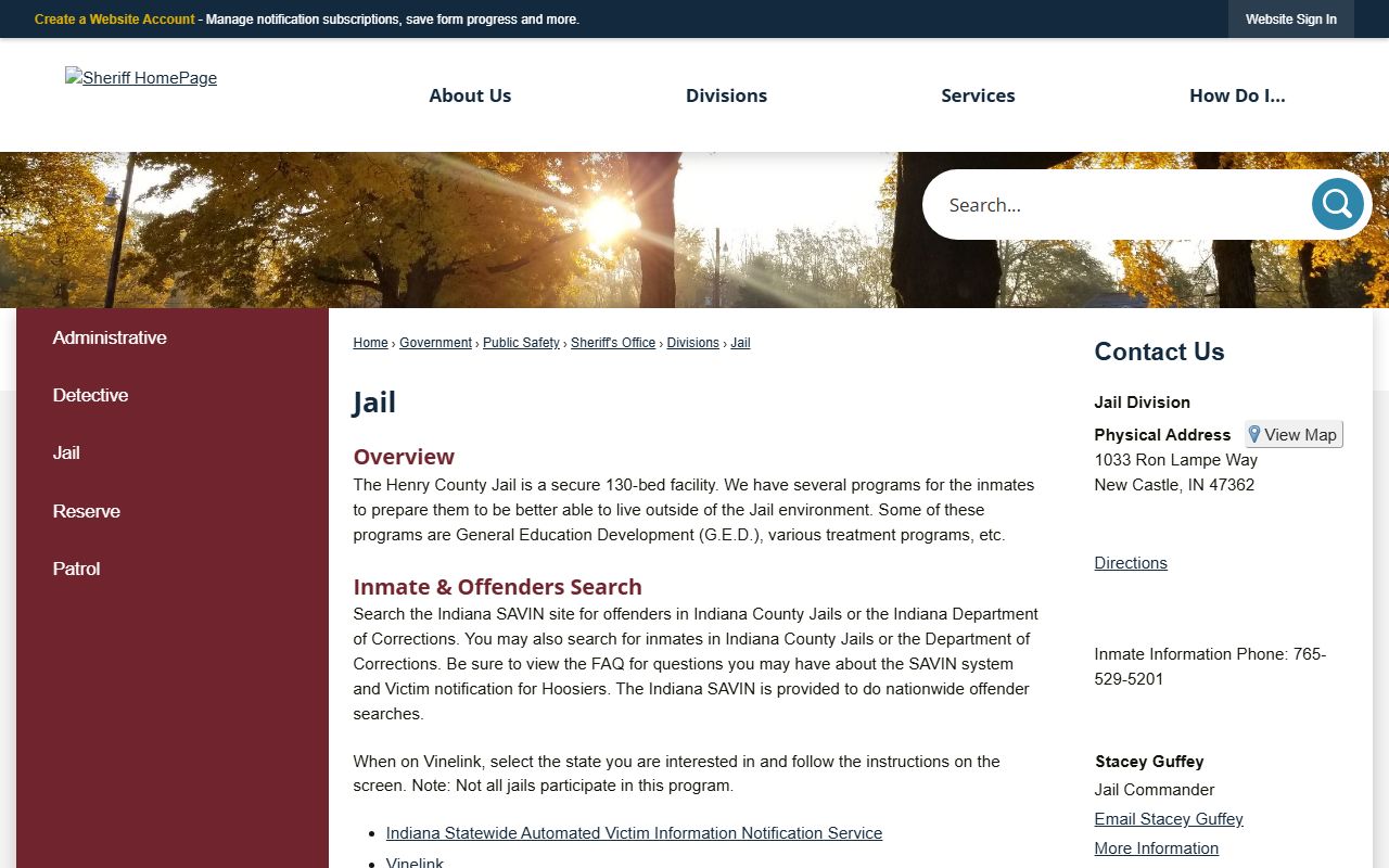 Henry County Jail page for inmate population and custody search